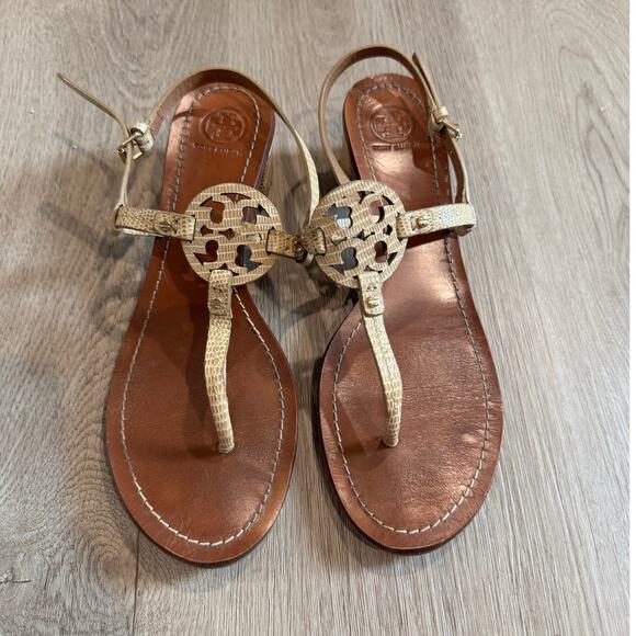 Tory Burch Mini Miller Reptile Embossed Leather Slingback Heeled Sandals Sz 9.5 - Picture 2 of 8